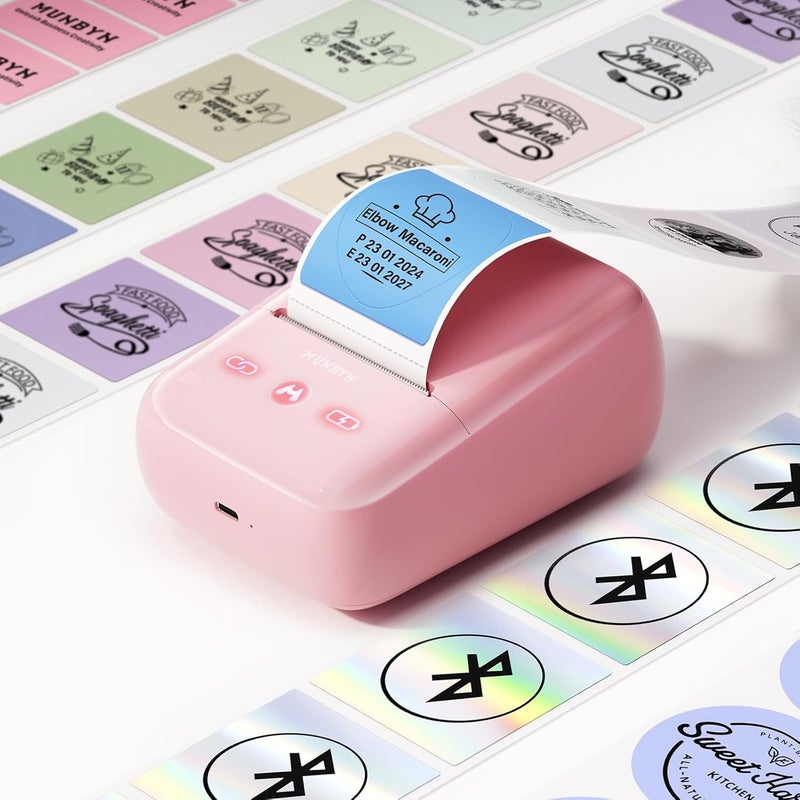 MUNBYN Portable Label Maker Machine with Tape,Bluetooth Thermal Printer with 1-Second Connect,Compatible with 0.78-2 Inch Labels,11H Battery for Small Business, Home, Office Organization (Pink) - Image 1